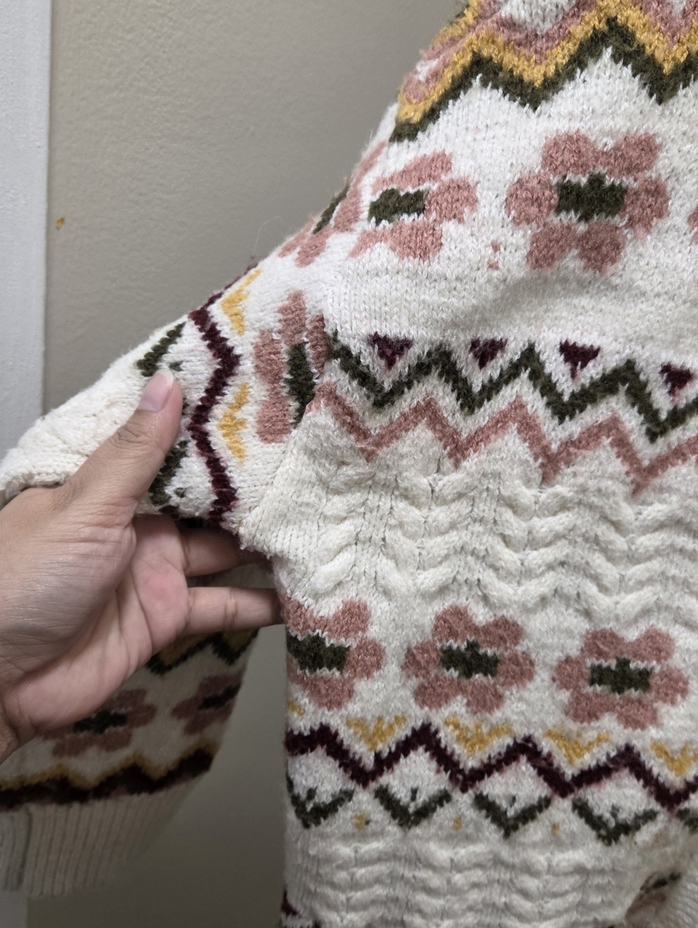 Dex Cream Patterned Chunky Knit Cardigan Boho Cottagecore Cozy Grandpa Style - Picture 3 of 11